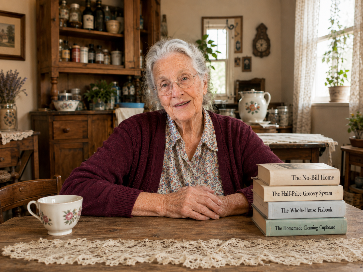 Betty in her kitchen with the home library